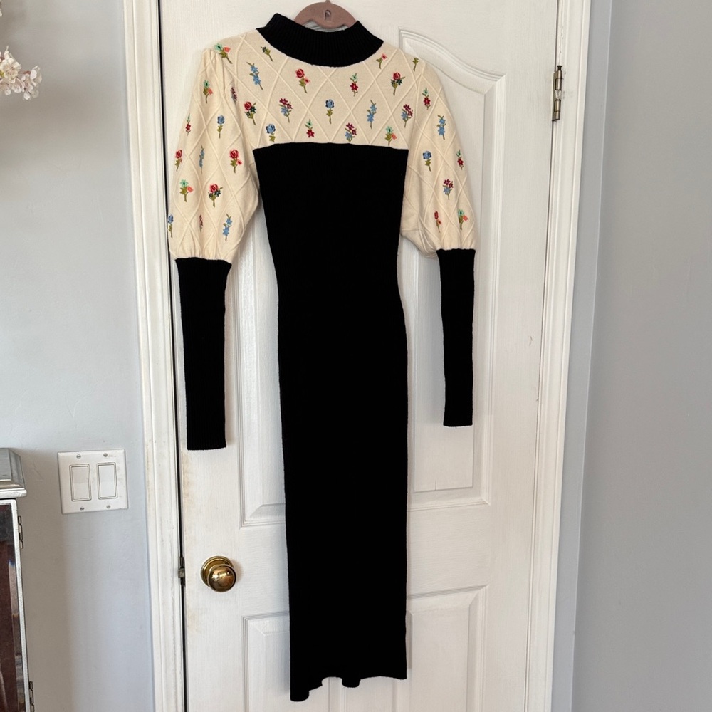 Maeve Black and Cream Floral Long Sleeve Dress
